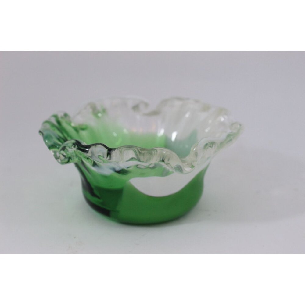 Vintage Green Art Glass Bowl with Ruffled Edge 6” Sculptural Catchall